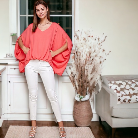 Coral Draped Blouse with Shirred Front - Picture 4 of 8